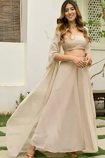 Beige georgette embroidered  top with plazzo and jacket set