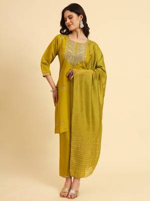 Olive Green silk blend embroidered kurta with pant and dupatta 5