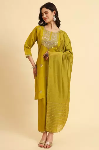 Olive Green silk blend embroidered kurta with pant and dupatta