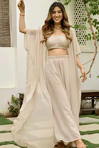 Beige georgette embroidered  top with plazzo and jacket set