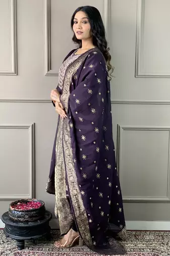 Purple chanderi embroidered kurta with pant and dupatta