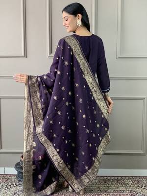 Purple chanderi embroidered kurta with pant and dupatta 3