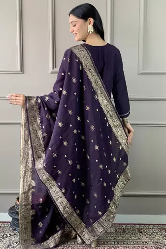 Purple chanderi embroidered kurta with pant and dupatta
