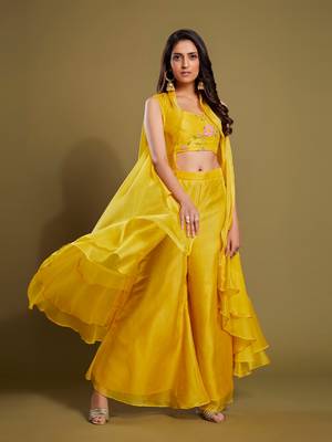 Yellow organza embroidered  top with plazzo and jacket set 2