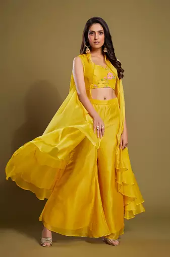 Yellow organza embroidered  top with plazzo and jacket set