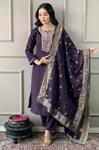 Purple chanderi embroidered kurta with pant and dupatta