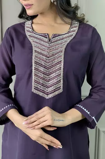 Purple chanderi embroidered kurta with pant and dupatta