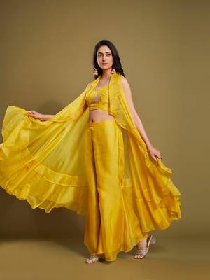 Yellow organza embroidered  top with plazzo and jacket set 3