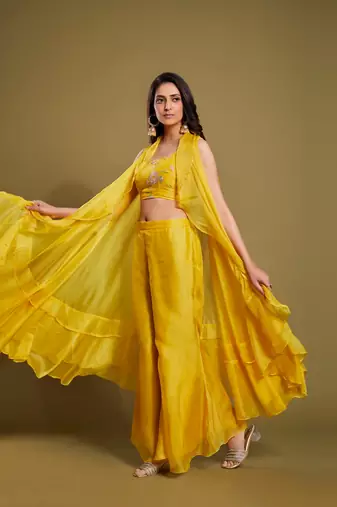 Yellow organza embroidered  top with plazzo and jacket set