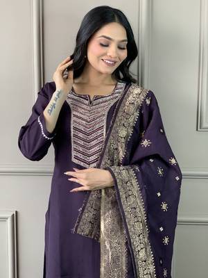 Purple chanderi embroidered kurta with pant and dupatta 1