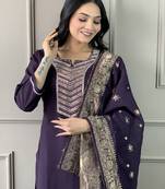 Purple chanderi embroidered kurta with pant and dupatta
