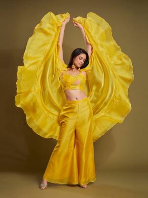 Yellow organza embroidered  top with plazzo and jacket set 4