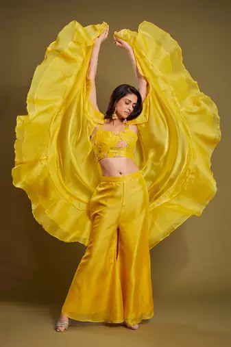 Yellow organza embroidered  top with plazzo and jacket set