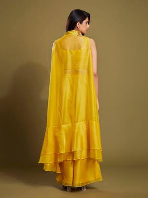Yellow organza embroidered  top with plazzo and jacket set 5