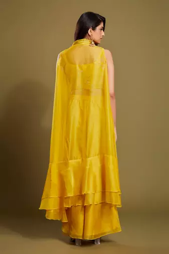 Yellow organza embroidered  top with plazzo and jacket set