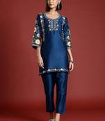 Elegant Blue Cotton Blend Embroidered Kurta & Pant Co-ord Set