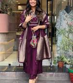 Purple art silk embroidered kurta with pant and dupatta