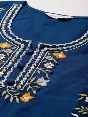 Elegant Blue Cotton Blend Embroidered Kurta & Pant Co-ord Set 2
