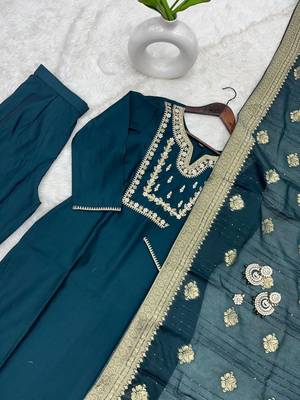 Green art silk embroidered kurta with pant and dupatta 2