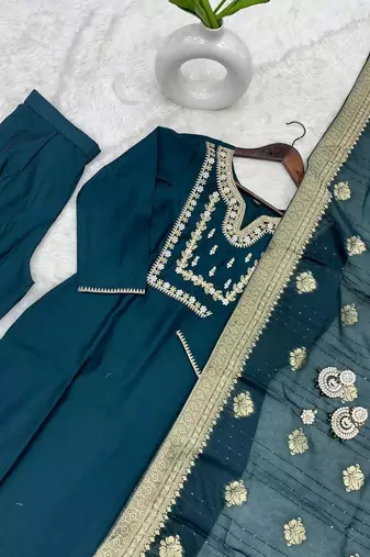Green art silk embroidered kurta with pant and dupatta