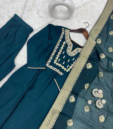 Green art silk embroidered kurta with pant and dupatta