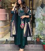 Green art silk embroidered kurta with pant and dupatta