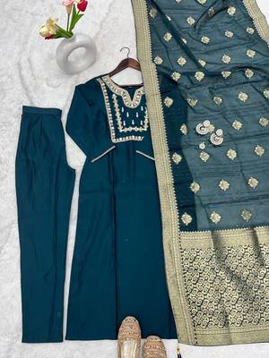 Green art silk embroidered kurta with pant and dupatta 3