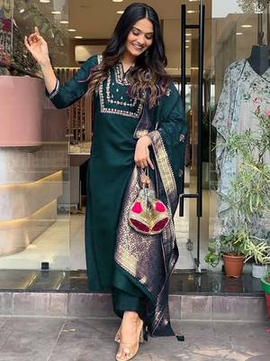 Green art silk embroidered kurta with pant and dupatta 4
