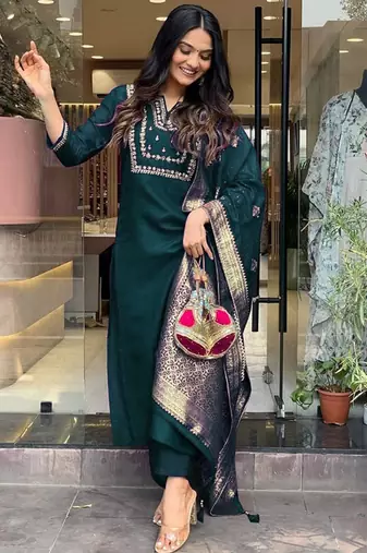 Green art silk embroidered kurta with pant and dupatta