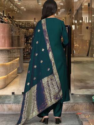 Green art silk embroidered kurta with pant and dupatta 5
