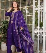 Purple chanderi embroidered kurta with pant and dupatta