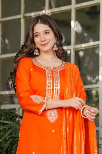 Orange chanderi embroidered kurta with pant and dupatta