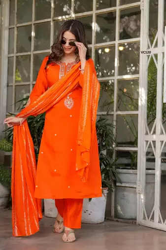 Orange chanderi embroidered kurta with pant and dupatta