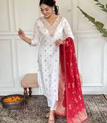 White viscose embroidered kurta with pant and dupatta