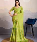parrot green silk blend stone work saree with unstitched blouse piece