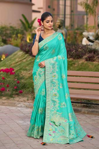 turquoise silk blend swaroski work work saree with unstitched blouse piece