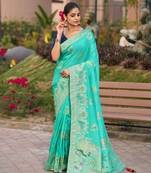 turquoise silk blend swaroski work work saree with unstitched blouse piece