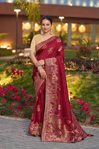 maroon silk blend swaroski work work saree with unstitched blouse piece