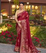 maroon silk blend swaroski work work saree with unstitched blouse piece