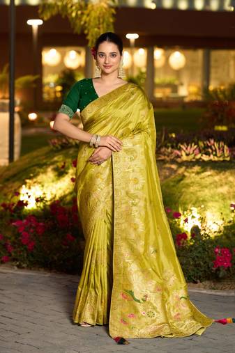 neon silk blend swaroski work work saree with unstitched blouse piece