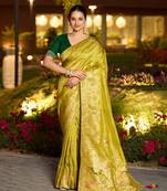 neon silk blend swaroski work work saree with unstitched blouse piece
