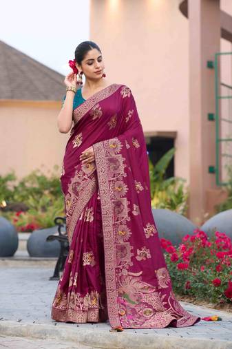 wine silk blend swaroski work work saree with unstitched blouse piece