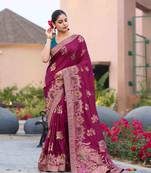 wine silk blend swaroski work work saree with unstitched blouse piece