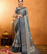 grey silk blend floral print saree with unstitched blouse piece