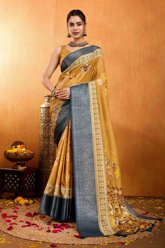 mustard silk blend floral print saree with unstitched blouse piece