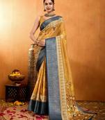 mustard silk blend floral print saree with unstitched blouse piece