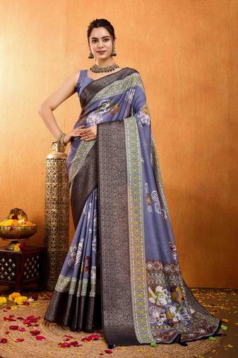 lavender silk blend floral print saree with unstitched blouse piece