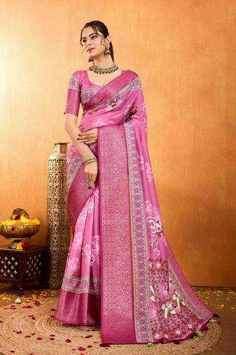 pink silk blend floral print saree with unstitched blouse piece