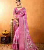 pink silk blend floral print saree with unstitched blouse piece