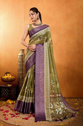 mehndi silk blend floral print saree with unstitched blouse piece